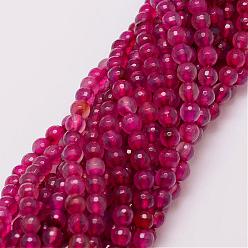 Camellia Natural Striped Agate/Banded Agate Bead Strands, Dyed, Faceted, Round, Camellia, 6mm, Hole: 1mm, about 56~58pcs/strand, 14 inch