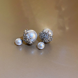 Silver Needle - Silver Pearl Stud Earrings 925 Silver Needle Personality Inlaid Rhinestone Pearl Earrings A Two-Wear Cold Style High-end Earrings for Women