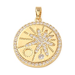 Плоский Круглый Подвески из латунных микростразов, звезды прелести, золотые, плоские круглые прелести, 23x21x2.5 мм, отверстие : 5x3 мм