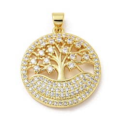 Real 18K Gold Plated Rack Plating Brass Micro Pave Cubic Zirconia Pendants, Long-Lasting Plated, Lead Free & Cadmium Free, Flat Round with Tree Charms, Real 18K Gold Plated, 26x23.5x4.5mm, Hole: 5x3mm
