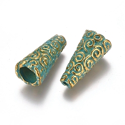 Green Tibetan Style Enamel Bead Cones, Imitation Indonesia Style, Golden & Green Patina, 18x9mm, Hole: 2~6mm