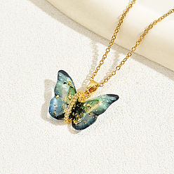 Teal Plastic Butterfly Pendant Necklace with Golden Stainless Steel Chains, Teal, 13.78 inch(35cm)