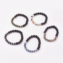 Mixed Stone Natural & Synthetic Mixed Stone & Lava Rock Stretch Bracelets, with Iron Beads, Stainless Steel Bead Spacer, 2 inch(52mm)