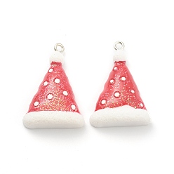 Red Resin Pendants, for Christmas Festival, with Platinum Iron Peg Bail, Glitter Powder, Christmas Hat, Red, 31x21x8mm, Hole: 2mm