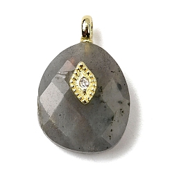 Лабрадорита Природные подвески лабрадорита, граненые подвески-слезинки с латунной фурнитурой из прозрачных кубических цирконий, реальный 18 k позолоченный, 18x12x6.5 мм, отверстие : 1.8 мм