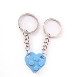 Light Sky Blue Love Heart Building Blocks Keychain, Separable Jewelry Gifts Couples Friendship Keychain, with Alloy Findings, Light Sky Blue, Pendant: 2.5x2.7x8cm, Ring: 3cm
