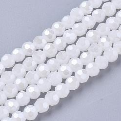 White Electroplate Glass Beads Strands, Pearl Luster Plated, Imitation Jade, Faceted, Round, White, 4mm, Hole: 0.5mm, about 100pcs/strand, 14.2 inch