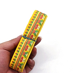 Yellow 6.5M Ethnic Style Flat Embroidery Polyester Ribbons, Jacquard Ribbon, Garment Accessories, Flower Pattern, Yellow, 1-1/4 inch(33mm), about 7.11 Yards(6.5m)/Bundle