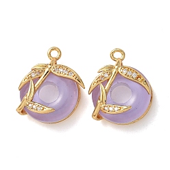 Лиловый Латунные микропаве прозрачные подвески с фианитом, со стеклом, реальный 18 k позолоченный, плоский круглый с подвесками в виде листьев, сирень, 18x14.5x8.5 мм, отверстие : 1.6 мм