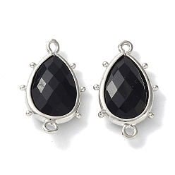 Obsidian Natural Obsidian Connector Charms, with Platinum Plated Brass Edge Loops, Faceted, Teardrop, 24x14.5x5mm, Hole: 1.2mm & 1.4mm