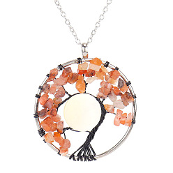 Carnelian Natural Carnelian Chips Tree of Life Pendant Necklaces, Brass Wire Wrap Necklace with Alloy Chains, 20.47 inch(52cm)