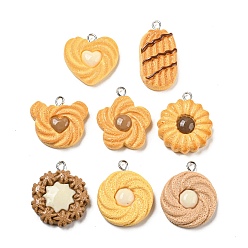 Mixed Color Imitation Food Opaque Resin Pendants, Cookies Charms with Platinum Tone Iron Loops, Mixed Color, 21.5~30.5x16.5~23.5x6~7mm, Hole: 2mm