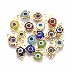 Mixed Color Handmade Evil Eye Lampwork Links connectors, with 304 Stainless Steel Findings, Flat Round, Golden, Mixed Color, 12.5x7x2.5mm, Hole: 1.5mm