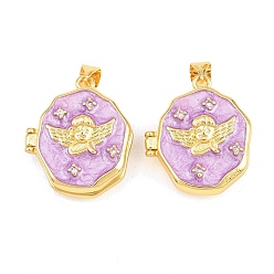 Фиолетовый Подвески латуни медальон, с эмалью и прозрачным кубическим цирконием, без кадмия и без свинца, реальный 18 k позолоченный, стойки покрытие, долговечный, ангельские прелести, фиолетовые, 24x20.5x8 мм, отверстие : 3x5 мм