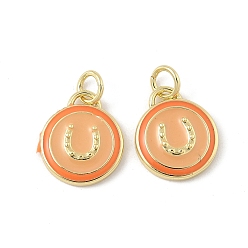 Оранжевый Латунь эмаль прелести, плоско-круглые, стойки покрытие, долговечный, без свинца и без кадмия, реальный 18 k позолоченный, с целью перехода в кольце, оранжевые, 14x12x2 мм, отверстие : 3.2 мм