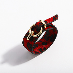 Red Leopard Print Punk Bracelet with Wide Horsehair Faux Leather Band and Adjustable Chain