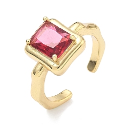 Темно-Розовый Латунная манжета с открытыми кольцами из кубического циркония/стекла, прямоугольные, без кадмия и без свинца, долговечный, стойки покрытие, реальный 18 k позолоченный, темно-розовыми, 11.5 мм, размер США 7 1/4 (17.5 мм)