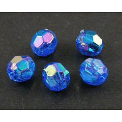 Blue Eco-Friendly Transparent Acrylic Beads, Faceted, Round, AB Color, Blue, 8mm, Hole: 1.5mm, about 2000pcs/500g
