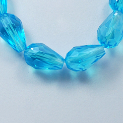 Deep Sky Blue Electroplate Glass Beads Strands, Pearl Luster Plated, Faceted, Drop, Deep Sky Blue, 15x10mm, Hole: 1.5mm, about 44~48pcs/strand, 25.20~28.35 inch