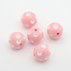 Pearl Pink Chunky Bubblegum Acrylic Beads, Round with Polka Dot Pattern, Pearl Pink, 20x19mm, Hole: 2.5mm, Fit for 5mm Rhinestone