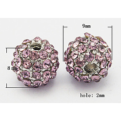 Dark Orchid Alloy Beads, with Middle East Rhinestones, Round, Silver Color Plated, Dark Orchid, Size: about 9mm in diameter, 8mm thick, hole: 2mm