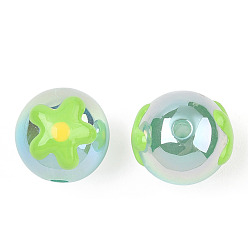 Lime Green UV Plating Rainbow Iridescent Acrylic Beads, Hand Drawn Beads, with Enamel, Round with Flower, Lime Green, 17x16x15.5mm, Hole: 2.8mm