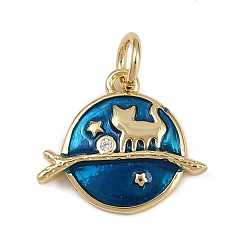 Синий Подвески в форме планеты и кошки из латуни и эмали, с целью перехода в кольце, стойки покрытие, без кадмия и без свинца, долговечный, реальный 18 k позолоченный, синие, 12.5x14.5x2.5 мм, отверстие : 3.2 мм