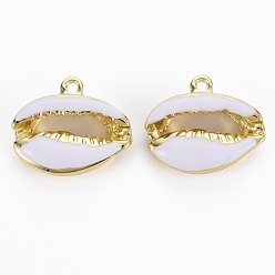 White Rack Plating Alloy Pendants, with Enamel, Cadmium Free & Lead Free, Cowrie Shell, Light Gold, White, 16.5x19x5.5mm, Hole: 1.6mm