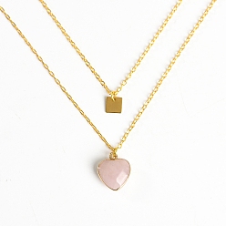 Rose Quartz Golden Alloy Double Layer Necklace, Natural Rose Quartz Heart & Alloy Square Tag Pendants Necklace, Pendant: 15mm