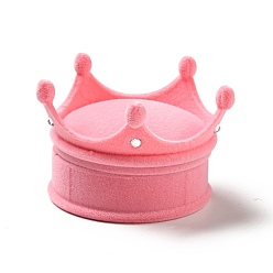 Pink Flocking Plastic Crown Finger Ring Boxes, for Valentine's Day Gift Wrapping, with Sponge Inside, Pink, 6.7x6.5x4.5cm, Inner Diameter: 5.1cm