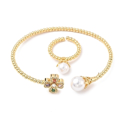 Разноцветный Комплекты колец и браслетов-манжет с клевером из латуни с микропаве из кубического циркония для женщин, с акриловой жемчужины, стойки покрытие, реальный 18 k позолоченный, красочный, браслет: 3~13ширина мм, внутренний диаметр: 63x54 мм