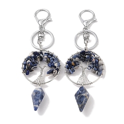 Rutilated Quartz Natural Blue Rutilated Quartz Gemstone Keychain, with Platinum Brass & Iron Findings, Long-Lasting Plated, Lead Free & Cadmium Free, Flat Round with Tree of Life, 15.7cm