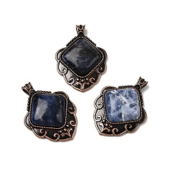 Содалитовое Подвески в виде ромбов из натурального содалита, с винтажной латунной рамкой красного медного оттенка, 40~40.5x29~29.5x7.5 мм, отверстие : 5x3.5 мм