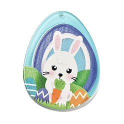 Light Sky Blue Easter Printed Transparent Acrylic Pendants, Egg with Rabbit, Light Sky Blue, 42.5x31.5x2.5mm, Hole: 1.6mm