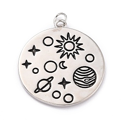 Real Platinum Plated Brass Enamel Pendants, Solar System Pendants, with Jump Rings, Long-Lasting Plated, Flat Round & Planet, Black, Real Platinum Plated, 24x21.5x1.5mm, Hole: 3mm