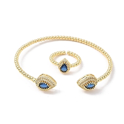 Королевский синий Наборы из каплевидных латунных браслетов-манжет и колец с микропаве из кубических цирконий для женщин, стойки покрытие, реальный 18 k позолоченный, королевский синий, браслет: 3~11ширина мм, 59x53 мм внутренним диаметром