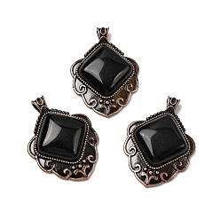 Обсидиан Подвески в виде ромбов из натурального обсидиана, с винтажной латунной рамкой красного медного оттенка, 40~40.5x29~29.5x7.5 мм, отверстие : 5x3.5 мм