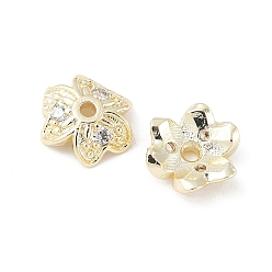 Настоящее золото 14K Латунный микропаве, прозрачная шапочка для бусин из кубического циркония, клевер, реальный 14 k позолоченный, 8x8.5x2.5 мм, отверстие : 1.2 мм