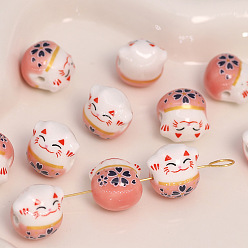 Light Coral Handmade Porcelain Beads, Maneki Neko Cat, Light Coral, 13x14mm