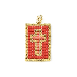 Red Handmade MIYUKI Japanese Seed Loom Pattern Seed Beads, Rectangle with Cross Pendants, Red, 30~30.5x16x2mm, Hole: 2.5mm