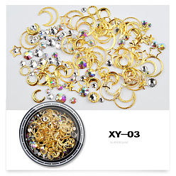 Golden Brass Nail Art Decorations, with Rhinestone, Moon and Star, Golden, about 15g/box
