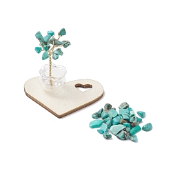 Бирюза Синтетические бирюзовые чипсы дерево жизни украшения, Деревянная основа из листа с медной проволокой, фен-шуй энергетический камень подарок для домашнего офиса украшение рабочего стола, 49.5x42.5x40~45 мм