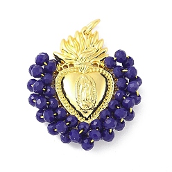 Темно-синий  Шифер Латунь стекло кулоны, Сердце с Девой Марией, с петлей, долговечный, без кадмия и без свинца, стойки покрытие, реальный 18 k позолоченный, граненые, темный сланец синий, 35.5x30.5x8 мм, отверстие : 5.6 мм