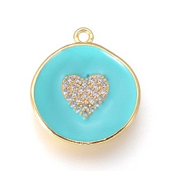 Cyan Golden Plated Brass Micro Pave Cubic Zirconia Pendants, with Enamel, Long-Lasting Plated, Flat Round with Heart, Cyan, 23x20x3mm, Hole: 1.8mm