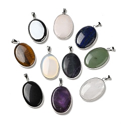Mixed Stone Natural & Synthetic Mixed Gemstone Pendants, Oval Charms with Platinum Plated Metal Findings, 39.5x26x6mm, Hole: 7.6x4mm