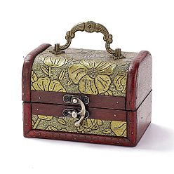 Light Khaki Vintage Wooden Jewelry Box, Pu Leather Decorative Treasure Chest Boxes, with Carry Handle and Latch, Rectangle with Lotus Pattern, Light Khaki, 11.9x9.05x9cm