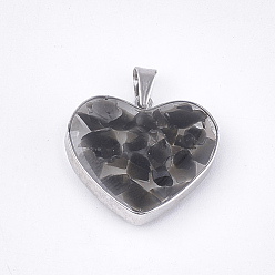 Black Agate Natural Black Agate Pendants, with Glass and 304 Stainless Steel Findings, Heart, Stainless Steel Color, 19x21x6mm, Hole: 3x5.5mm