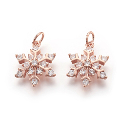 Real Rose Gold Plated Brass Micro Pave Cubic Zirconia Pendants, Lead Free & Cadmium Free & Nickel Free, Snowflake, Real Rose Gold Plated, 13x17x4mm, Hole: 3mm