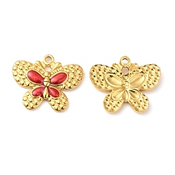 Cerise 304 Stainless Steel Enamel Pendants, Real 18K Gold Plated, Butterfly Charm, Cerise, 20x24x2.5mm, Hole: 2mm