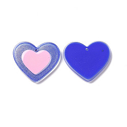 Blue Acrylic Pendants, with Enamel and Glitter Powder, Heart Charm, Blue, 25.5x29x2mm, Hole: 1.5mm